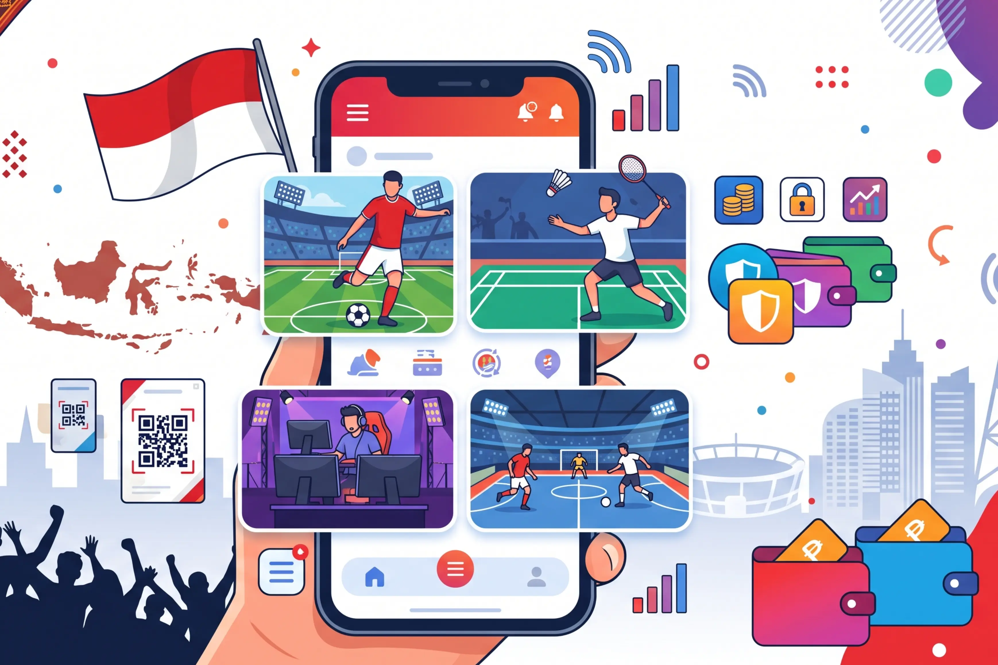 Peta Indonesia dengan ikon olahraga dan teknologi digital yang terhubung